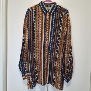 Natural Issue Feldini Mens Vtg Silk Button Up Long Sleeve Abstract Striped Sz L